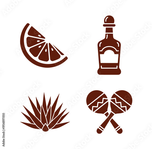 Brown icons of tequila bottle orange slice agave plant and maracas on white background