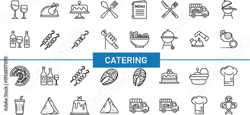 Catering food service outline icon set featuring restaurant meals drinks chef tools delivery trucks and buffet catering symbols