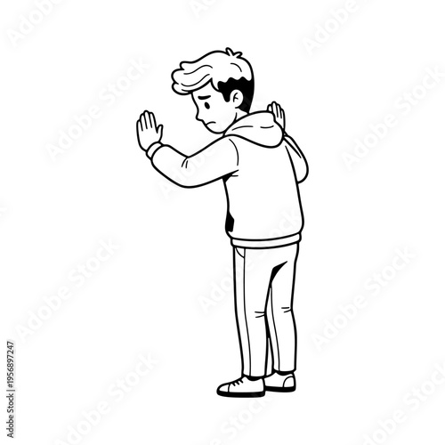 Sad boy character punished facing the wall vector illustration in sketch style.