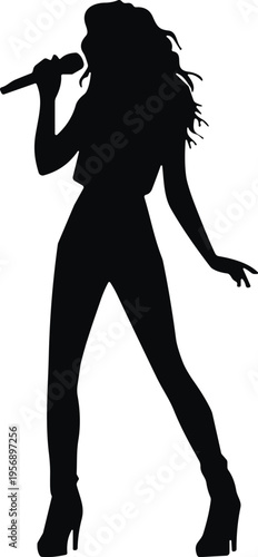 Female singer silhouette with microphone, performing artist icon, music concert performer illustration, black stage performance design, entertainment symbol artwork