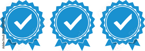 Check mark badge icon set vector illustration with approval symbols in blue ribbon seal style for certification and quality assurance design