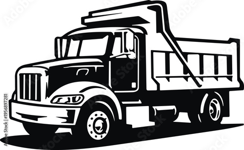 Dump truck silhouette illustration, heavy construction vehicle icon, industrial transport machinery design, black cargo truck graphic, engineering equipment symbol artwork