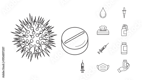 Virus and Medicine Elements Set, Infectious Disease Treatment and Healthcare Illustration