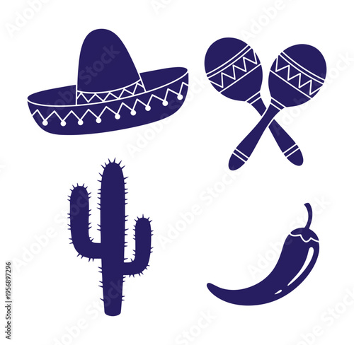 Mexican culture symbols including sombrero maracas cactus and chili pepper on white background
