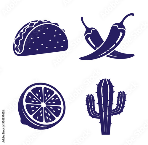 Mexican food and desert icons including taco chili pepper cactus and lime