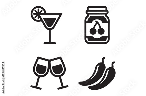 Black and white icons depicting drinks fruit and jarred preserves