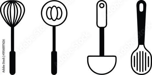 A collection of four black and white kitchen utensil icons including a whisk and ladles.