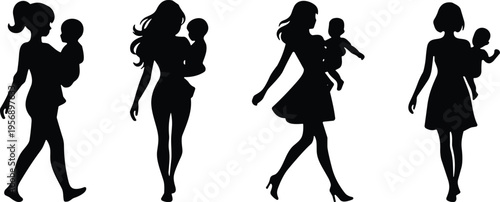 Mother carrying baby silhouettes set, women with child illustration, parenting lifestyle icon collection, family care concept, motherhood design elements