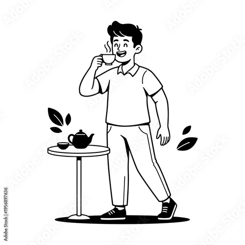 Cute boy character drinking tea or coffee vector illustration in sketch style.