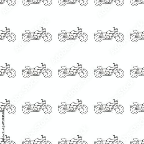 Black line art motorcycles arranged in a seamless pattern on a white background