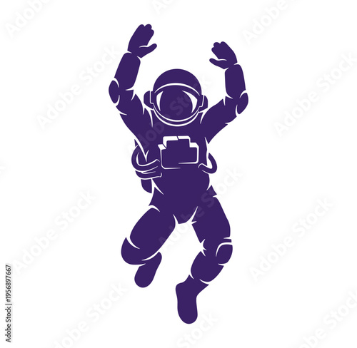Purple astronaut jumping in space with arms raised in excitement and freedom