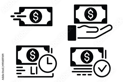 Fast Cash Loan Icon Set, vector design showing instant loan, quick cash, money transfer, income verification, approved payment, and financial service concepts, business and finance illustration.