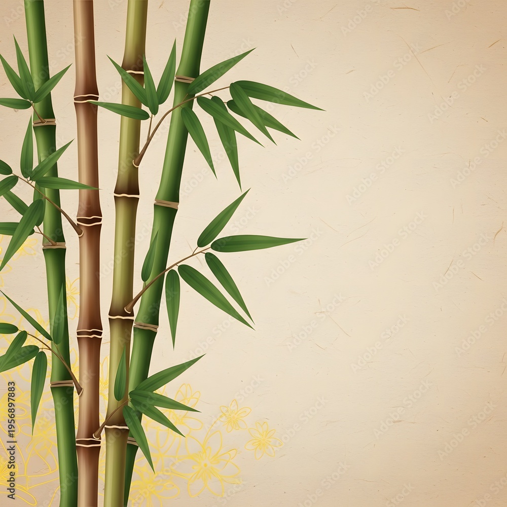 Naklejka premium Bamboo stalks with green leaves on beige background with yellow floral pattern