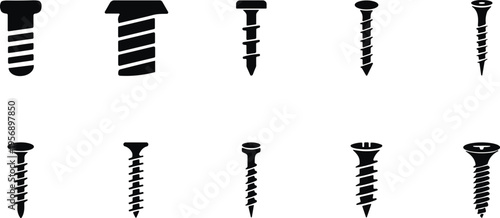 Set of screw silhouettes, black hardware fastener icons collection, construction tool elements, bolt shapes illustration, industrial equipment symbol design