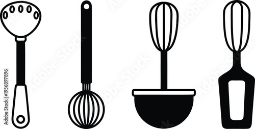 Set of minimalist black and white kitchen utensil icons including a whisk masher and ladle