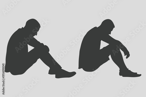 Depressed Man Sitting on the Floor in Despair silhouette vector. Realistic Sad people silhouette illustration.