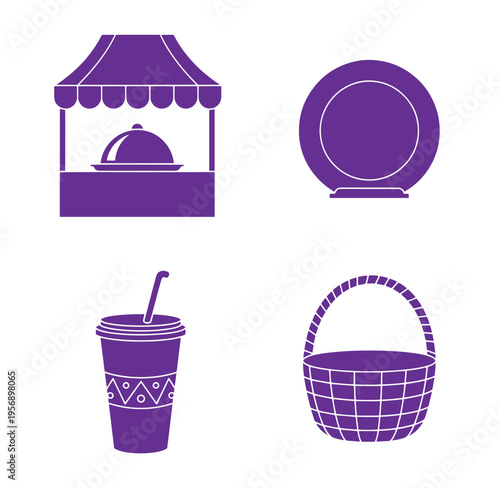 Purple icons of food stand with covered dish plate basket and drink cup on white background