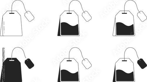 Tea bag icon set with different fill levels, hot drink beverage symbol collection isolated on light background vector