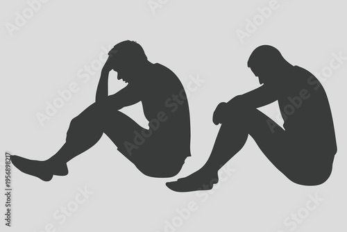 Realistic Sad people silhouette vector set. A man is sitting on the ground with his head in his hands.