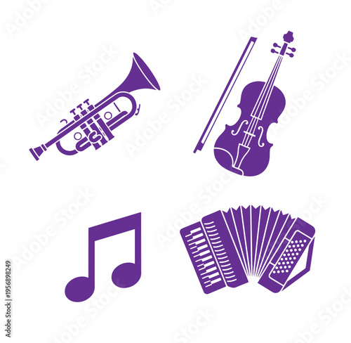 Purple silhouettes of musical instruments and a note on white background  trumpet violin bow accordion eighth note