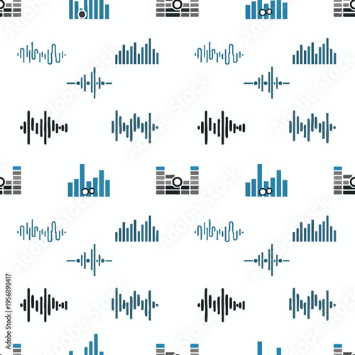Repeating pattern of abstract audio wave and equalizer icons in blue and gray