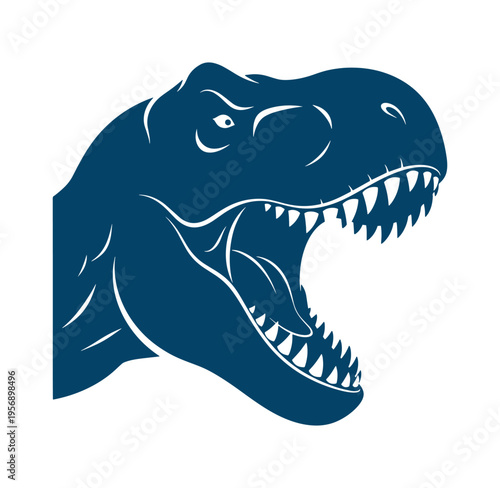 Tyrannosaurus Rex dinosaur head with open mouth showing sharp teeth on white background