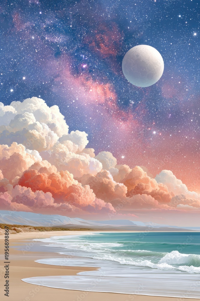 Fototapeta premium Dreamy coastal scene with surreal starry sky, large moon, and colorful clouds over a calm sea