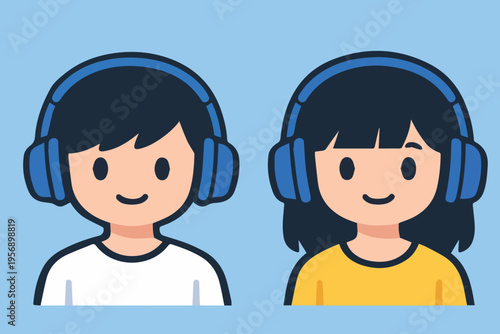 A simple cute vector of a little boy and girl wearing headphones, listening attentively, designed with soft shapes to represent learning, education, and a fun study moment.