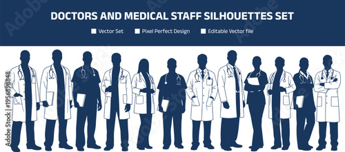 Doctors and medical staff silhouettes set, healthcare professionals collection, diverse team in uniforms, hospital workers vector illustration isolated on white background