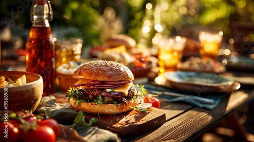 A freshly grilled burger with vibrant toppings as the main subject displayed on a wooden picnic table surrounded by summer dishes, drinks and barbecue accessories in a lush backyard garden setting, wa