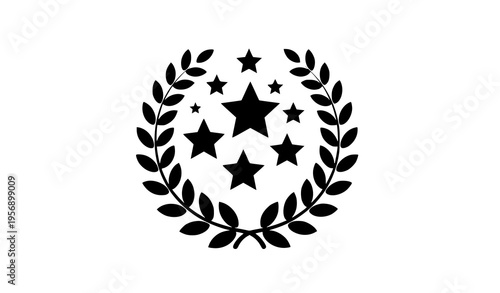 A black and white vector graphic of a laurel wreath with stars