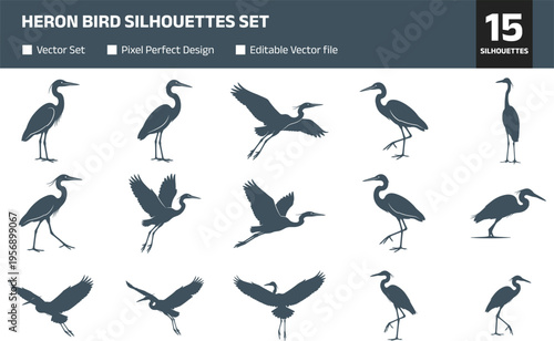 Heron bird silhouettes set, wading birds collection, flying and standing poses vector illustration isolated on white background for wildlife design