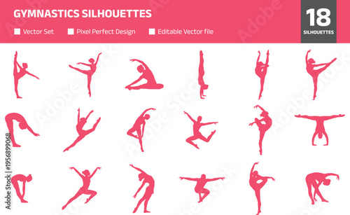 Large set of gymnastics silhouettes featuring rhythmic gymnasts, ballet dancers, and acrobats in athletic poses and flat vector style