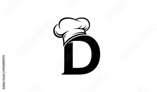 A stylized letter D with a chef's hat on top in black and white