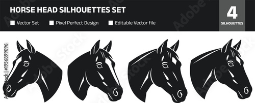 Horse head silhouettes set, equine animal collection, detailed horse profiles vector illustration isolated on white background for design use