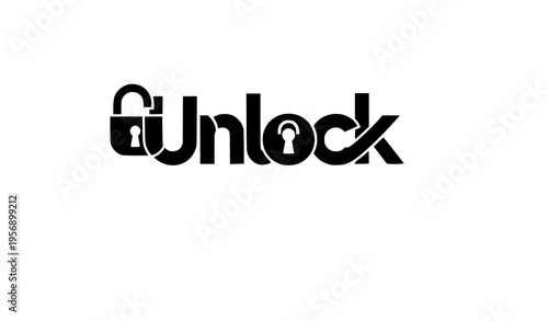 A stylized vector graphic of the word Unlock with a padlock icon