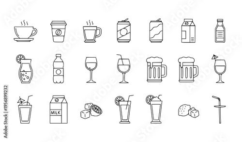 A set of black and white line art icons depicting various drinks and beverages