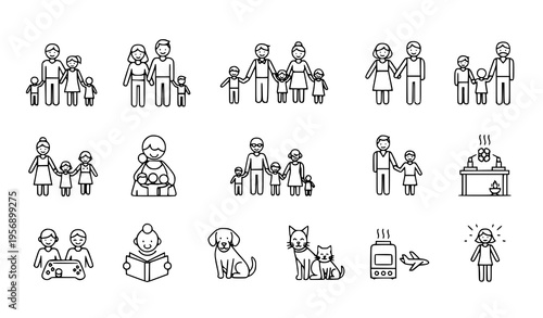 A set of minimalist line art illustrations depicting various family scenes and relationships