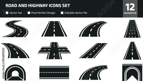 Road and highway icons set, curved and straight street elements collection, asphalt paths, transport routes vector illustration isolated on white background
