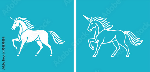 Unicorn silhouette set, magical fantasy horse collection, white unicorn illustration and outline design, mythological creature vector isolated on blue background