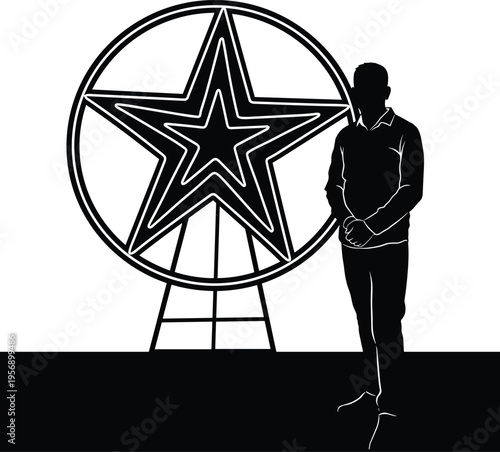 Man standing beside star sculpture, modern art installation silhouette, black and white vector illustration, urban design concept, minimal artistic composition