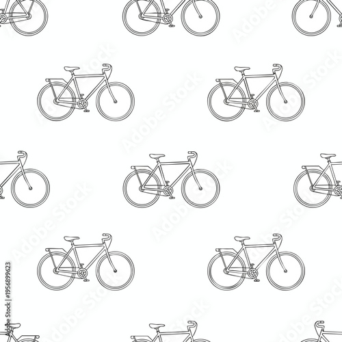 A seamless black and white sketch pattern of bicycles with spokes and fenders
