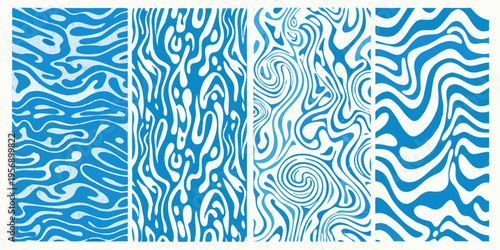 Abstract blue and white wavy patterns arranged in vertical columns