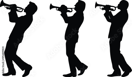 Trumpet player silhouettes set, jazz musician performance illustration, brass instrument artist icons collection, music concert entertainment design, band performer artwork