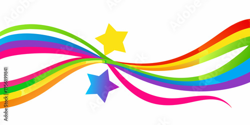 A vibrant rainbow arc with a yellow star and blue starburst