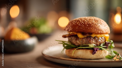 A handcrafted gourmet burger with premium ingredients stacked neatly as the main subject placed on a minimalist tasting plate on a chef’s table surrounded by subtle culinary elements, focused directio