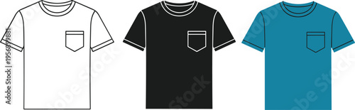 T-shirt mockup icons set with pocket in outline and solid style, casual clothing vector illustration isolated on white background