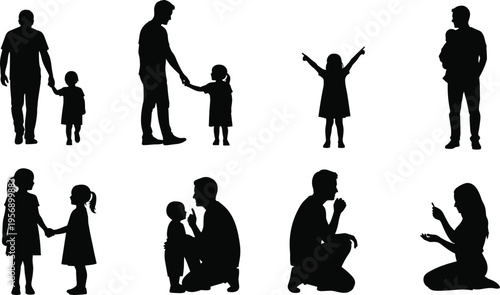 Family Bonding Silhouettes Collection, Featuring Parent and Child Interactions, Holding Hands, Playing, and Emotional Moments