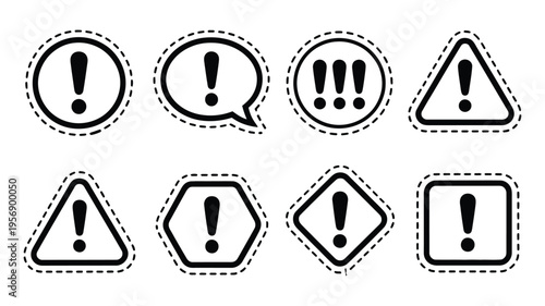 Warning Icon Set, vector illustration featuring exclamation marks in various shapes, representing caution, alert, hazard, and safety warning, clean modern design.