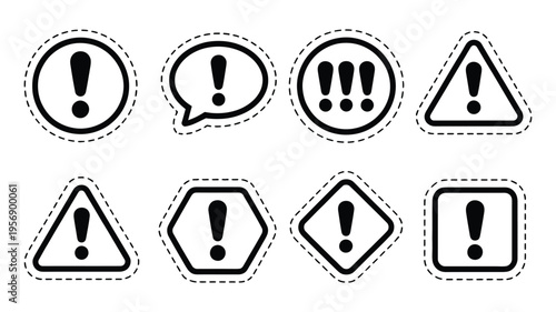 Warning Icon Set, vector illustration featuring exclamation marks in various shapes, representing caution, alert, hazard, and safety warning, clean modern design.